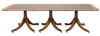Custom Mahogany Triple Pedestal Three Part Dining Table
with wide banded inlay top, along with two extra leaves
height 29 1/2 inches, width 46 inches,