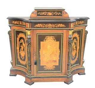 Aesthetic Rosewood Side Cabinet
having inlay and inlaid panels, central door inlaid depicting romantic scene, opening to birdseye maple panelled door
