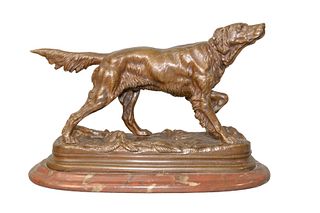 Jules Moigniez (French, 1835 - 1894)
"Hunting Dog on Point"
bronze with brown patina
inscribed on base
set on rouge marble base
height 8 3/4 inches, l