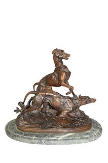 Pierre Jules (P.J.) Mene (French, 1810 - 1879)
"Hunting Dogs"
bronze with brown patina on a green marble base
inscribed on base
height 9 1/2 inches, l