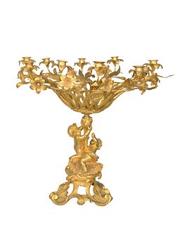 Large French Gilt Bronze Centerpiece
having flower basket, surrounded by ten candle holders and flowers, supported by two Putti shaft and Rococo base
