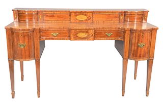 George IV Style Sideboard
having top with two sliding doors on base with three drawers flanked by two deep drawers set on square tapered legs
height 4