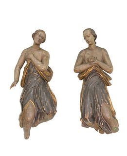 A Pair of Large Italian Religious Figures
polychrome, carved wood gesso, figures having gilt painted trim of robe 
18th century or earlier
height 36 i