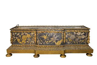 Large Victorian Dore Bronze Rectangular Planter having brass and silvered flower and bird design, bronze garland and flower mounts with tole liner hei
