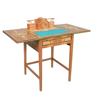 Middle Eastern Style Table/Pop Up Desk
with letter holder and felt writing surface
(veneer chipped at top center)
height 29 1/2 inches, open top 21 1/