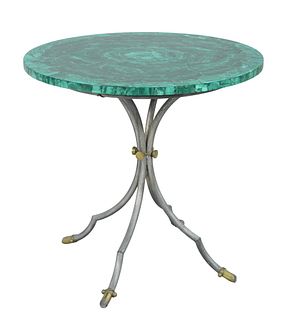 Malachite Top Round Table with iron brass trimmed base, height 24 inches, diameter 25 1/2 inches