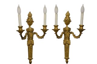 Pair of Neoclassical Style Gilt Bronze Wall Sconces having two arms each, in the form of torches, 19th century, electrified, height 19 inches, width 1