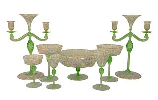 Extensive Sixty-seven Piece Venetian Glass stem and dessert set, green with enameled scrolling vines and flowers, to include pair of candelabras, 3 co