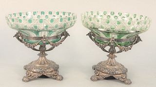 A Pair of Gorham Sterling Silver Compotes 
bases having wreath designs and scroll feet topped with green cut to clear crystal dishes
height 5 inches, 