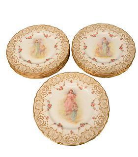 Set of Twelve Royal Doulton Service Plates
each with different hand painted images of young woman and child, with raised gold borders
artist signed A.
