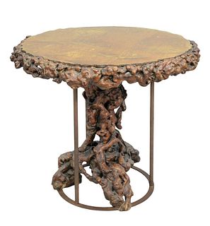 Chinese Root Table
having circular top with root apron on root form base, supported by iron
height 29 1/2 inches, diameter 36 inches
