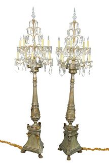 A Pair of Baroque Candelabra Floor Lamps
ten light with crystal prisms on silver plated bases and claw feet
height 86 inches