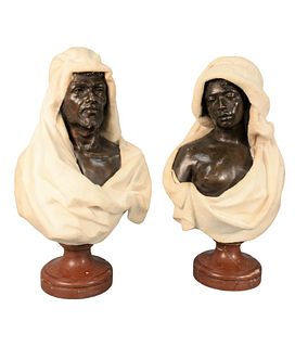 Pair of Leopold Bracony (American, 20th Century)pair of busts of Tunisian Man and Womanmarble and bronzeinscribed verso of male figure Braconyheig