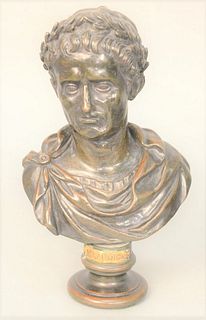 Bronze Bust of Roman Emperor Claudius bronze having dark green patina inscribed Claudio on a plate attached to the base, height 8 1/2 inches