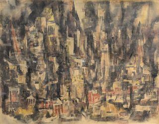 Howard Norton Cook (1901 - 1980)
"Dark City"
mixed media
signed Howard Cook lower right and titled top right and lower left
Mayans Gallery label verso