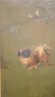 Maud Earl (1864 - 1943) Pekingese with Japanese Style Decor oil on canvas 18th century signed lower left Maud Earl relined