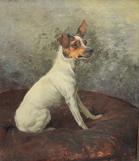 Maud Earl (1864 - 1943)
portrait of a Jack Russell Terrier
oil on canvas 
signed lower left Maud Earl
Skinner's tag verso
21" x 25"