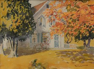 Edward Charles Volkert (American, 1871 - 1935)
"Victorian Cottage in Autumn, Beaverbrook Road, Lyme, Connecticut"
watercolor on paper
signed Volkert l