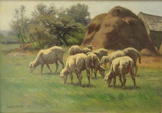 Carleton Wiggins (American, 1848 - 1932)
Sheep Grazing
oil on board
signed lower left Carleton Wiggins
10 1/8" x 14 1/8"
Provenance: Matthes-Theriault