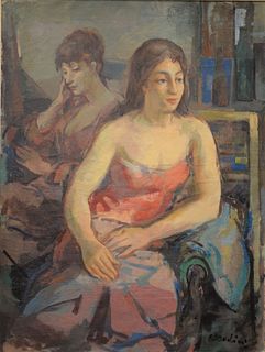 Contardo Barbieri (Italian, 1900 - 1966)
Depicts Two Seated Women in Red
oil on canvas
signed lower right and verso C. Barbieri
31 1/2" x 23 1/2"