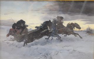 Ksawery Szykier  "Horses pulling sleigh in the Snow"  oil on panel  signed lower right Szykier Siekiarz