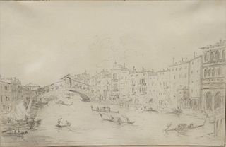 Circle of Francesco Lazzaro Guardi (1712 - 1793)
18th century
Venice the Rialto Bridge Over Canal
grey wash and ink
unsigned
sheet size: 10" x 15 1/2"