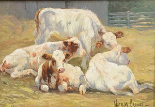 Matilda Browne (American, 1869 - 1947)
Four Barnyard Cows
oil on panel
signed Matilda Brown lower right
10" x 14 1/4"