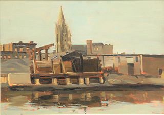 David Levine (1926 - 2009)
"Gowanus, Brooklyn"
oil on board
initialed lower left D.L.
Gallery Fifty-two, New Jersey label verso
10" x 14"