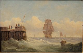 Thomas Luny (British, 1759 - 1837)
"Waves in Harbor"
oil on canvas
signed Luny lower left 
8" x 12"
Provenance: The Vincent Family Collection, Fairfie