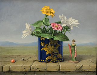 Raymond Whyte (1923 - 2002)
Still Life Flower in Urn with Figural Statue and Landscape Background
oil on board
signed R.A. Whyte lower right
8" x 10 1