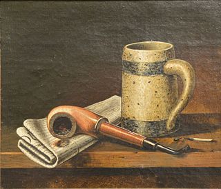 Attributed to John Frederick Peto (1854 - 1907)
Still Life with Pipe and Mug
oil on canvas
unsigned
partial (Helen Pero Smiley, Island Heights) label 