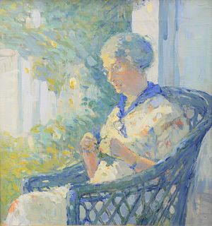 Clara Simpson Davidson (American, 1874 - 1962)
"Knitting on the Porch"
oil on canvas
artist's studio stamp verso
16" x 15"
Provenance: Matthes-Theriau