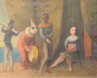 George Merkel (1881 - 1976) Pierrot Et Pierrette, Circus Clown, oil on canvas, signed Merkel lower right, two stamps on back of canvas and written XV1