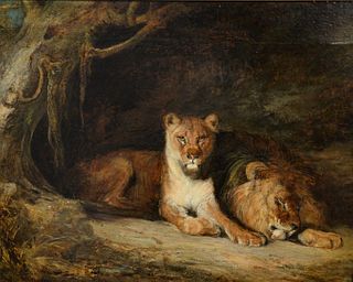 Attributed to Heywood Hardy (British, 1843 - 1933)Two Lions, oil on canvas, unsigned, Sotheby's label verso, 14 1/2" x 17 1/4"