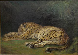 Heywood Hardy (British, 1842 - 1933)Reclining Leopard, 1881, oil on canvas, signed and dated Heywood Hardy, 1881 lower left, 13 1/4" x 18" Provenance:
