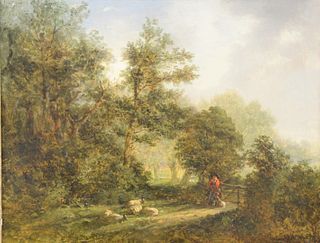 Alexander Nasmyth (British, 1758 - 1840)
"Forest Scene with Shepherd"
oil on canvas
partial signature visible lower left
12 1/8" x 16 1/8"
Provenance: