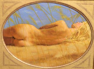 Ted Seth Jacobs (b. 1927)
"Repose," female nude laying on sand
oil on canvas
monogrammed lower left
8" x 10"
Gallery Fifty-Two, New Jersey label verso