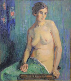 Clara Simpson Davidson (American, 1874 - 1962)
Female Nude Portrait
oil on canvas
artist's stamp verso
35 1/2" x 31"
Provenance: Matthes-Theriault Col