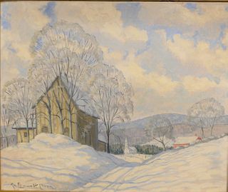 Robert Emmett Owen (American, 1878 - 1957)
"Essex Winter"
oil on canvas board
signed lower left, titled on the reverse "R Emmett Owen"
20" x 23 1/2"
P