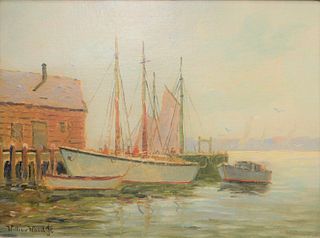 William Ward, Jr. (American, 1911 - 2001)
"Fishing Boats at the Dock"
oil on canvas board
signed lower left, titled verso
12" x 16"
Provenance: Matthe