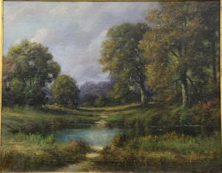 George Harvey (American, 1800 - 1878)
Landscape with a Pond
oil on canvas
relined
signed faintly lower left G. Harvey 
23 1/2" x 29 1/2"
Provenance: M