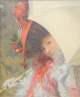Pedro Ribera (Spanish/French, 1867 - 1949)"Lady with a White Parasol, 1907", oil on canvas, signed and dated P. Ribera, 1907 upper left, 24" x 20" rem