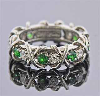 Platinum Diamond Green Stone X Band Ring