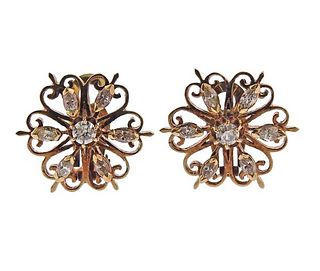 Mid Century 14K Gold Diamond Floral Earrings