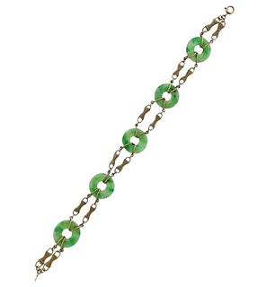 Art Deco 14K Gold Jade Station Bracelet