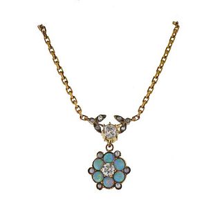 Antique 14K Gold Diamond Pearl Opal Pendant Necklace 