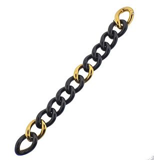 Italian 18K Gold Diamond Ebony Wood Link Bracelet