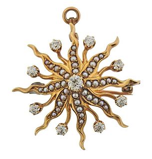 Antique 14K Gold Diamond Pearl Brooch Pendant