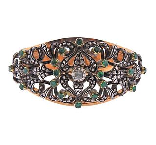 Antique 18K Gold Silver Diamond Emerald Wide Bangle Bracelet