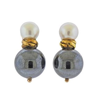 English 9K Gold Hematite Pearl Earrings